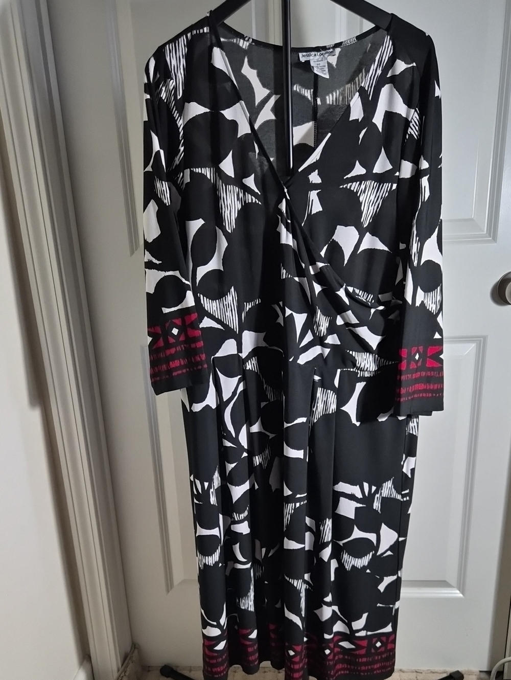 Jessica London Black and White Abstract Dress with Red Trim